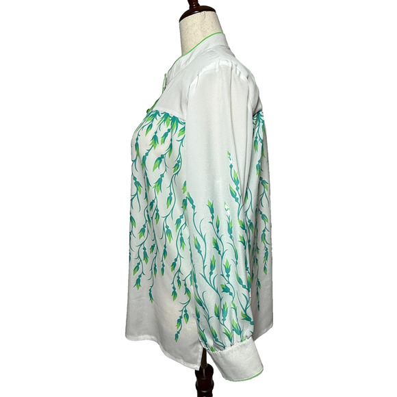Bob Mackie Top 1X Wearable Art White Green Blue Leaf Print Button Up Career - Picture 6 of 8